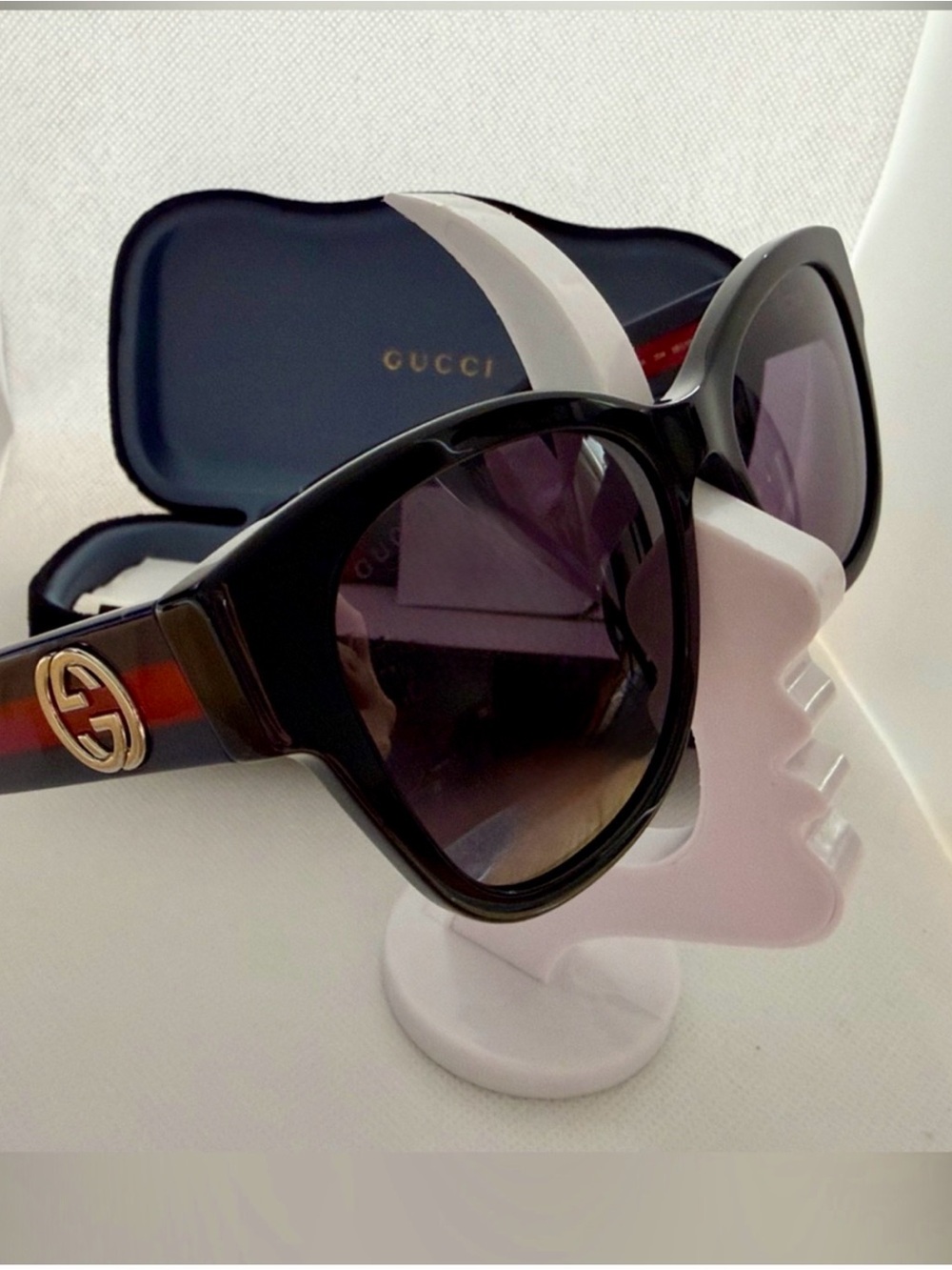 Gucci Black Sunglasses with Red and Green Temple Stripe and Gold Logo